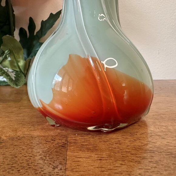 Vintage Hand Blown Art Glass Vase‎ Green Ruffled Top Orange Swirl Base MCM Decor - Picture 4 of 5